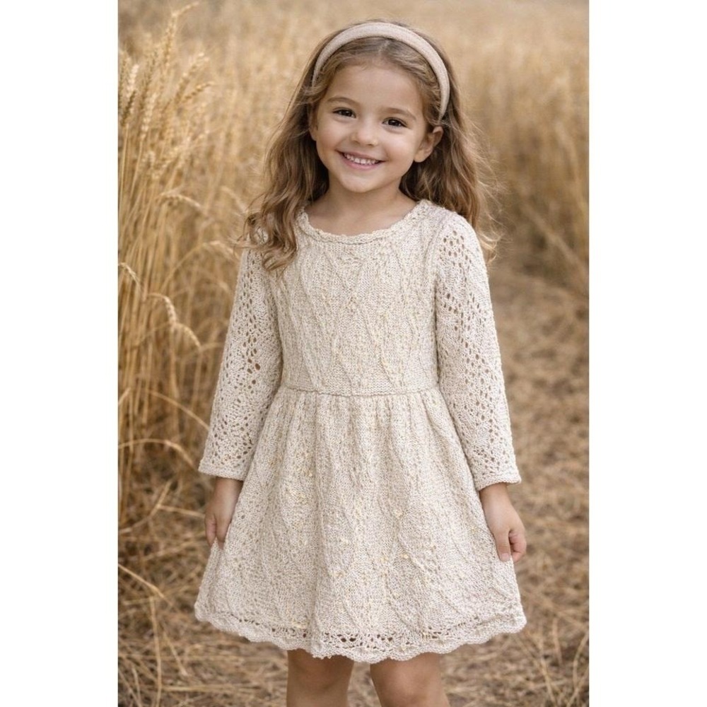 Cat & Jack Girls Cream Knit‎ Dress 3T Long Sleeve Lace Cottagecore